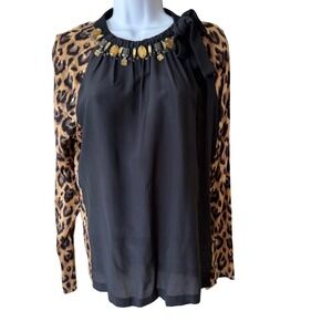 Tory Burch Leopard Print Silk Wool‎ Embellished Neck Long Sleeve Top Blouse  Bow